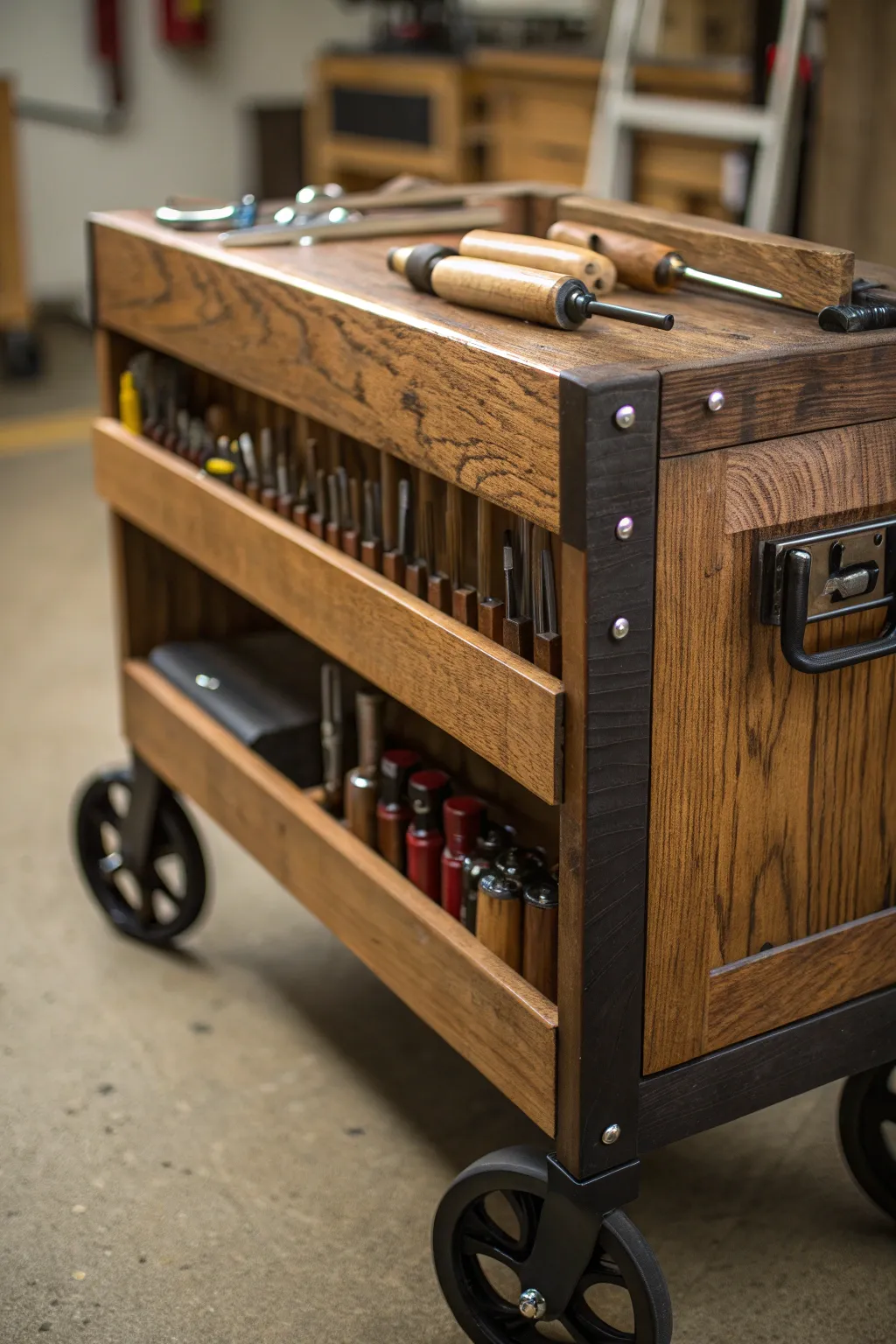 Meet your workshop's best companion: a handcrafted rolling tool cart that blends style with mobility.