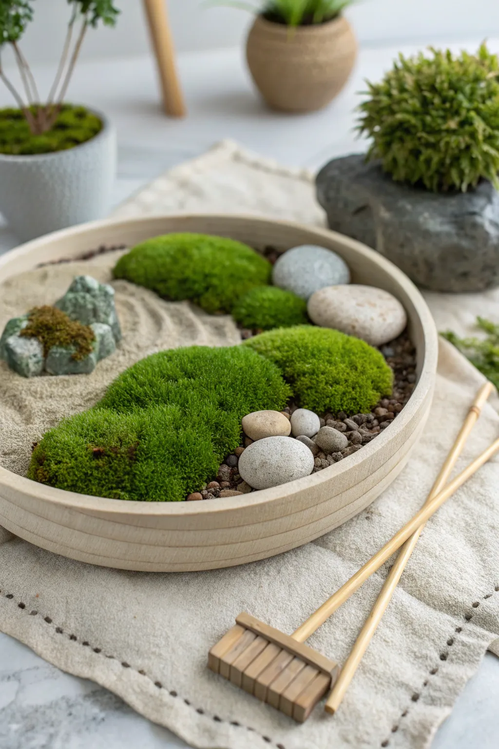 Embrace tranquility with a minimalist Zen garden featuring lush moss for a calming, natural touch.