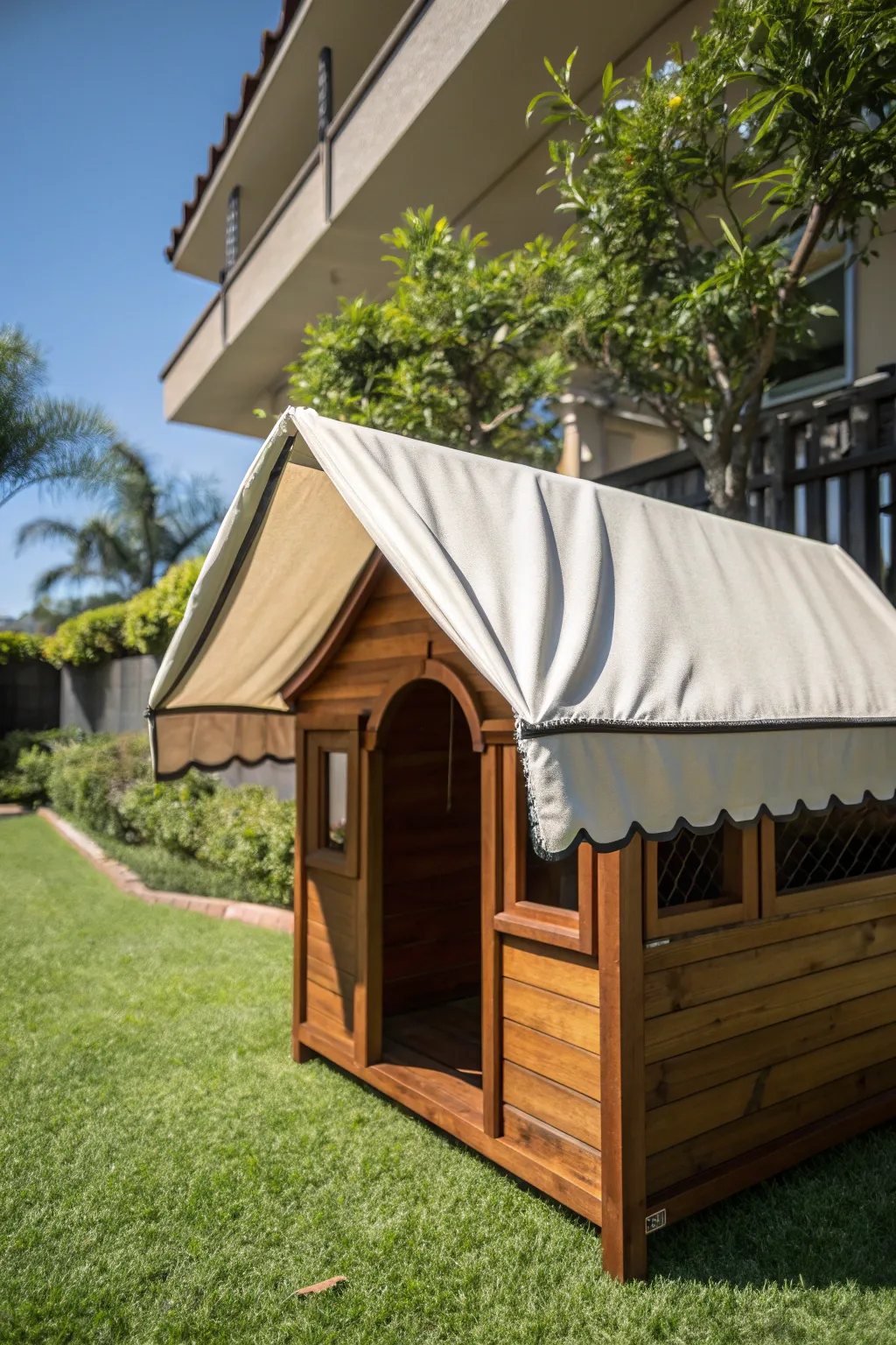 Elevate your dog's comfort with a stylish canvas awning that blends functionality and elegance.