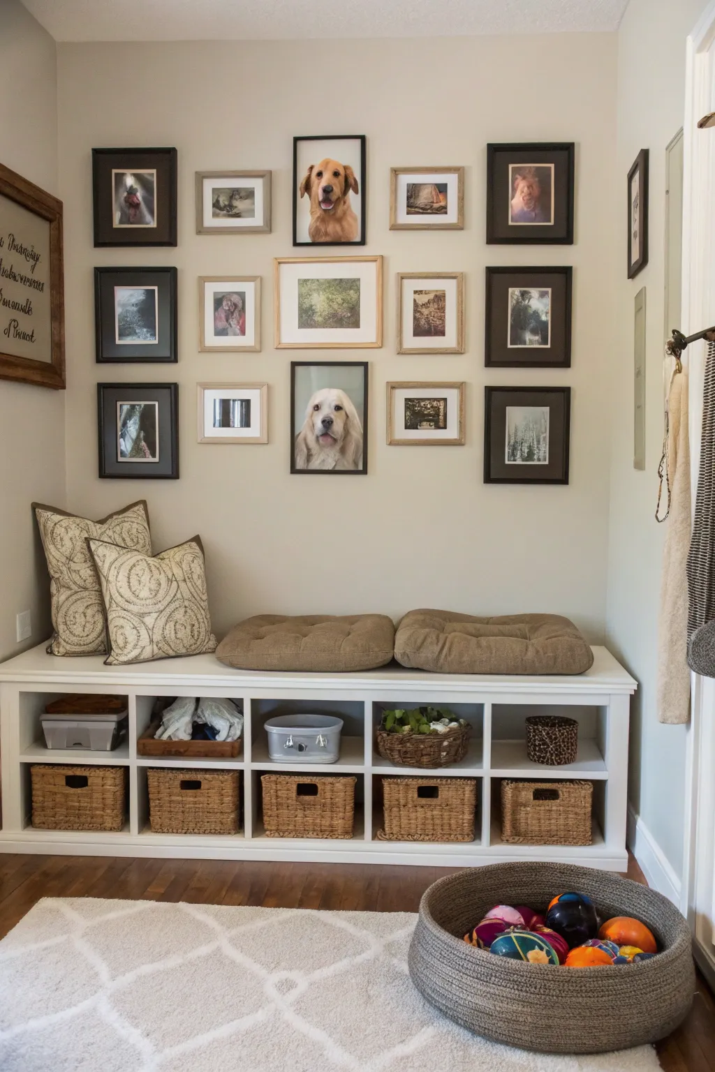 A heartwarming gallery wall featuring pet photos, adding personality to the storage space.