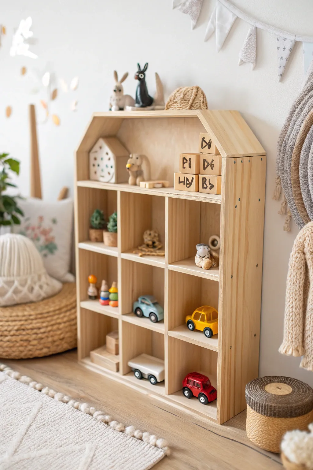 Discover the charm of a miniature world with our handcrafted toy shelf, where simplicity meets playful elegance.