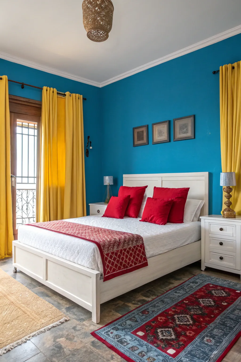 Bold colors on the walls and contrasting decor create a dramatic bedroom setting.