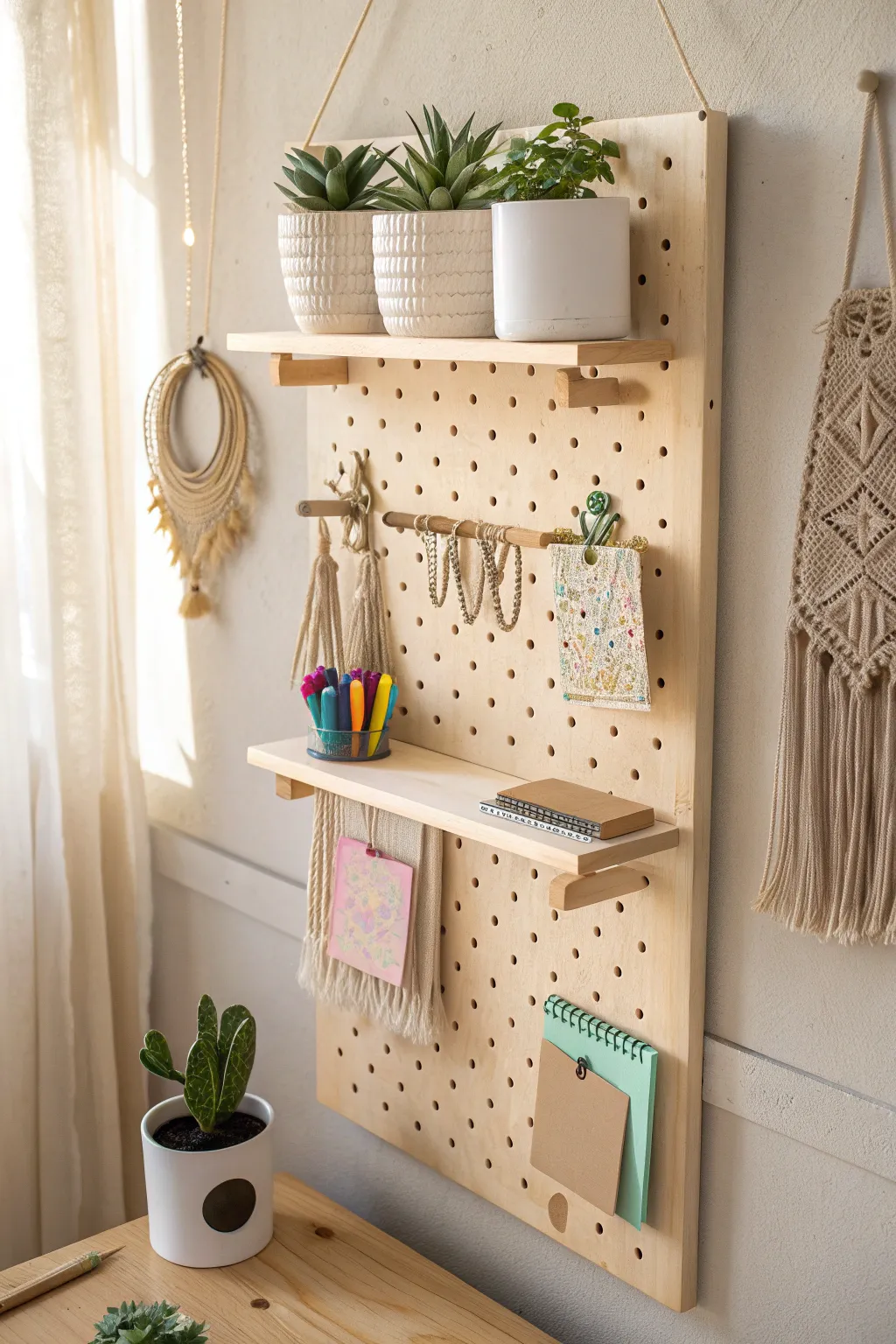 Transform your dorm space with a chic DIY pegboard organizer that blends minimalist design with boho flair. Perfect for personalizing your storage!