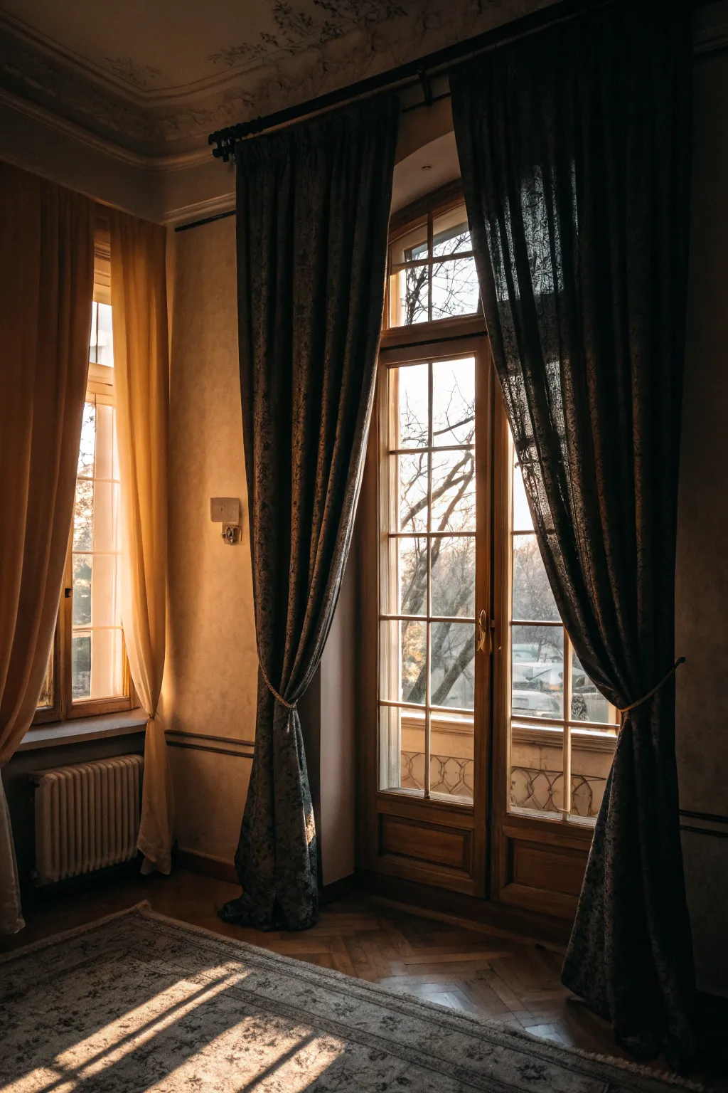 Dark curtains create a dramatic ambiance.