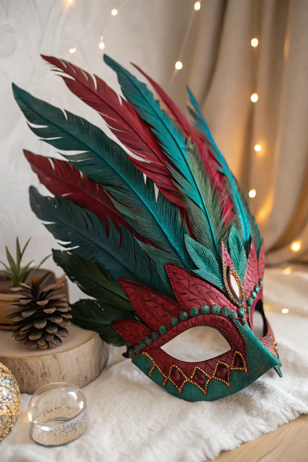 Unleash your creativity with a dragon mask adorned in vibrant feathers, a fusion of exotic elegance and minimalist design.