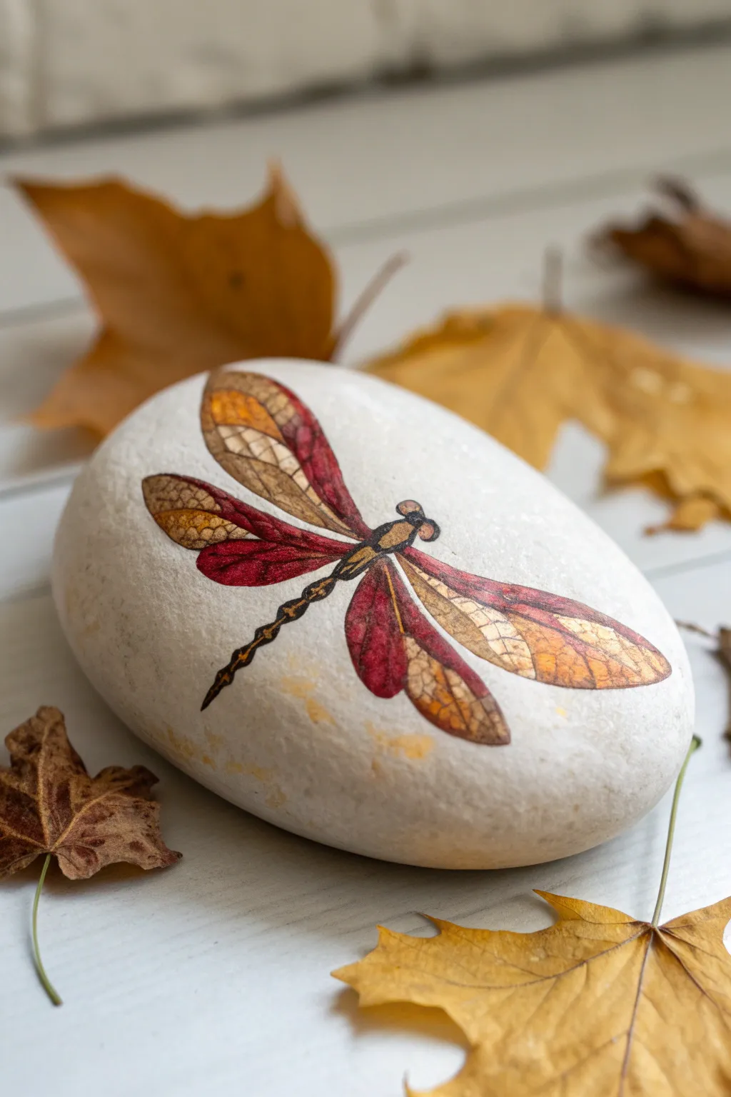 Capture the essence of fall with a beautifully crafted dragonfly rock, where art meets nature's seasonal palette.