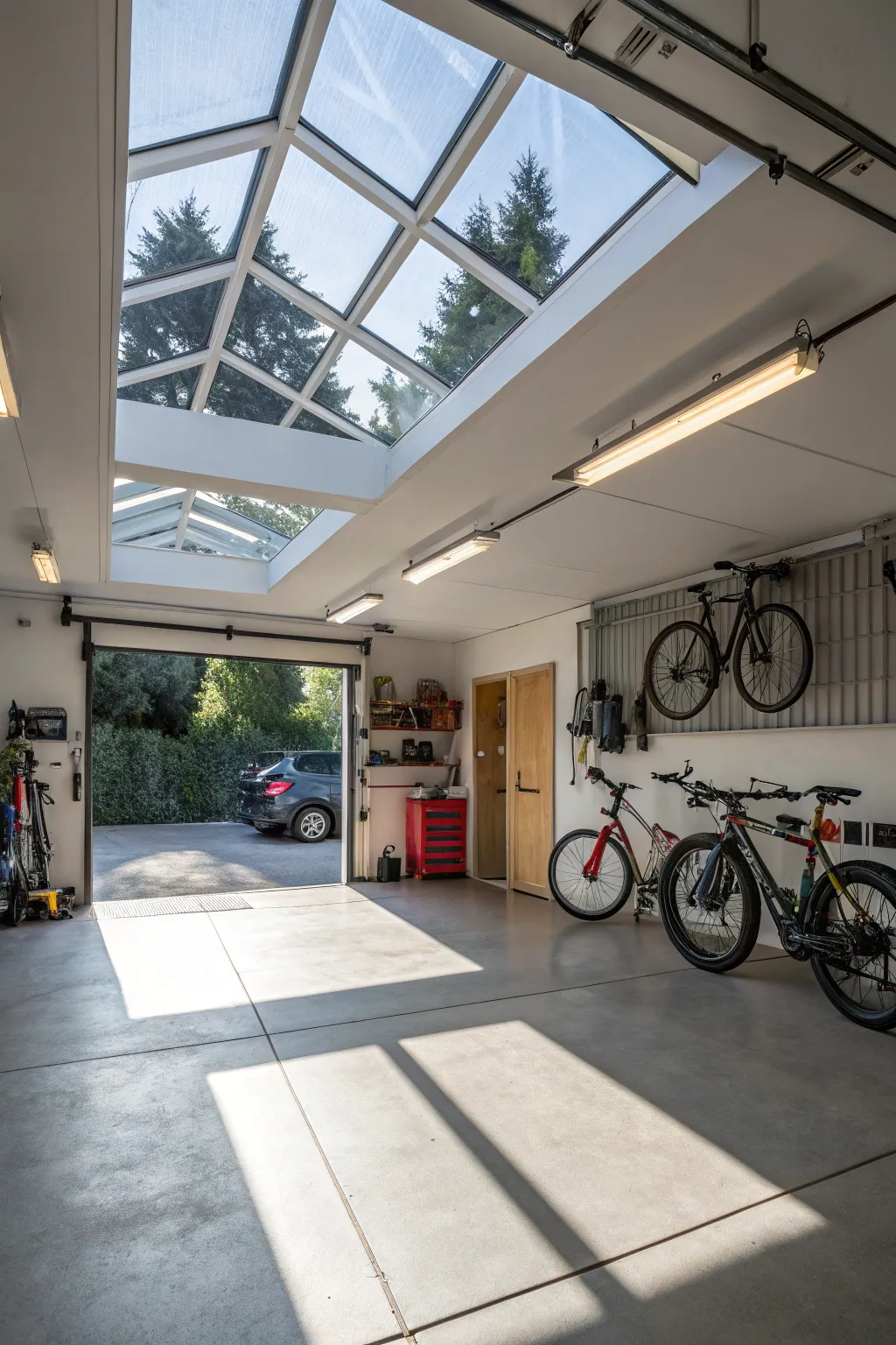 A garage featuring skylights for natural illumination.