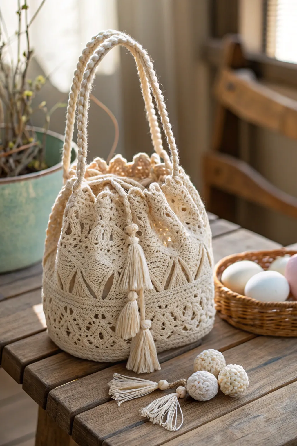 Embrace the beauty of simplicity with this charming crochet egg hunt bag, perfect for capturing Easter treasures.
