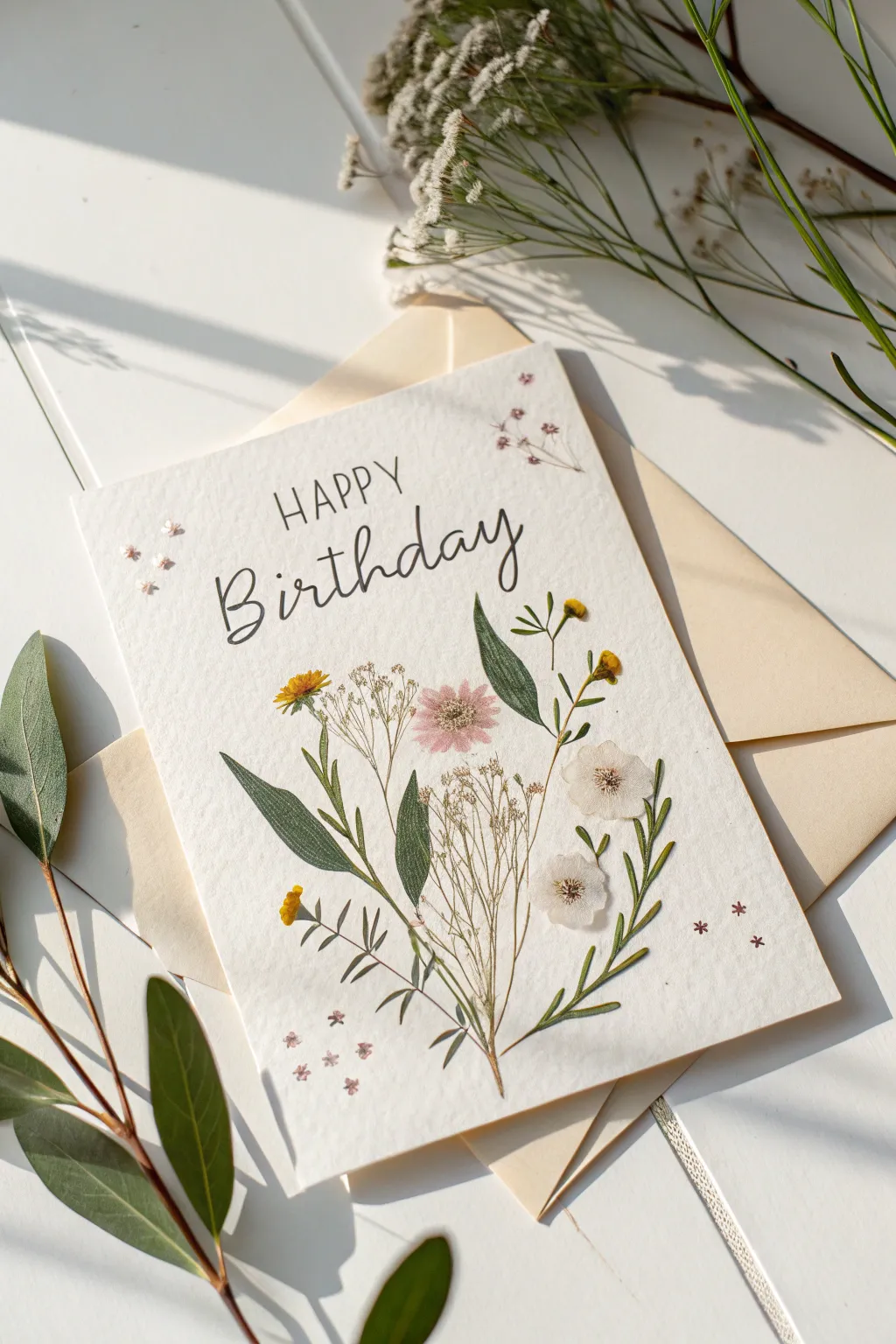 Celebrate with the beauty of nature: an elegant and simple birthday card design that captures the essence of Scandinavian minimalism and boho charm.