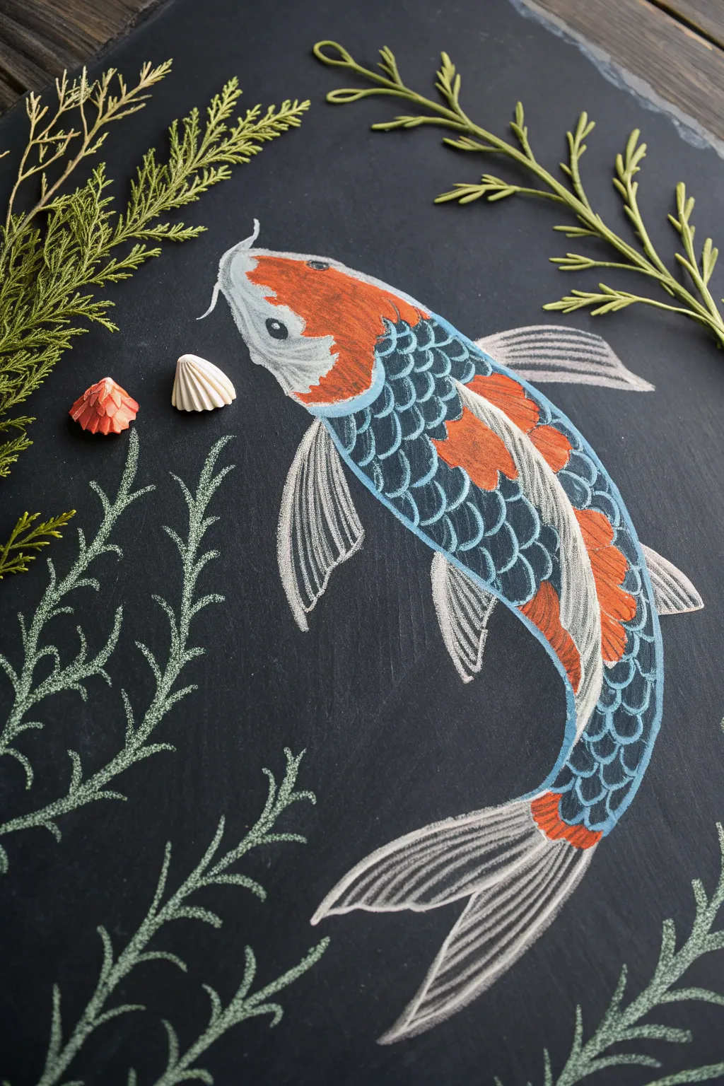 Dive into the simplicity and beauty of underwater life with this stunning koi fish chalk drawing.