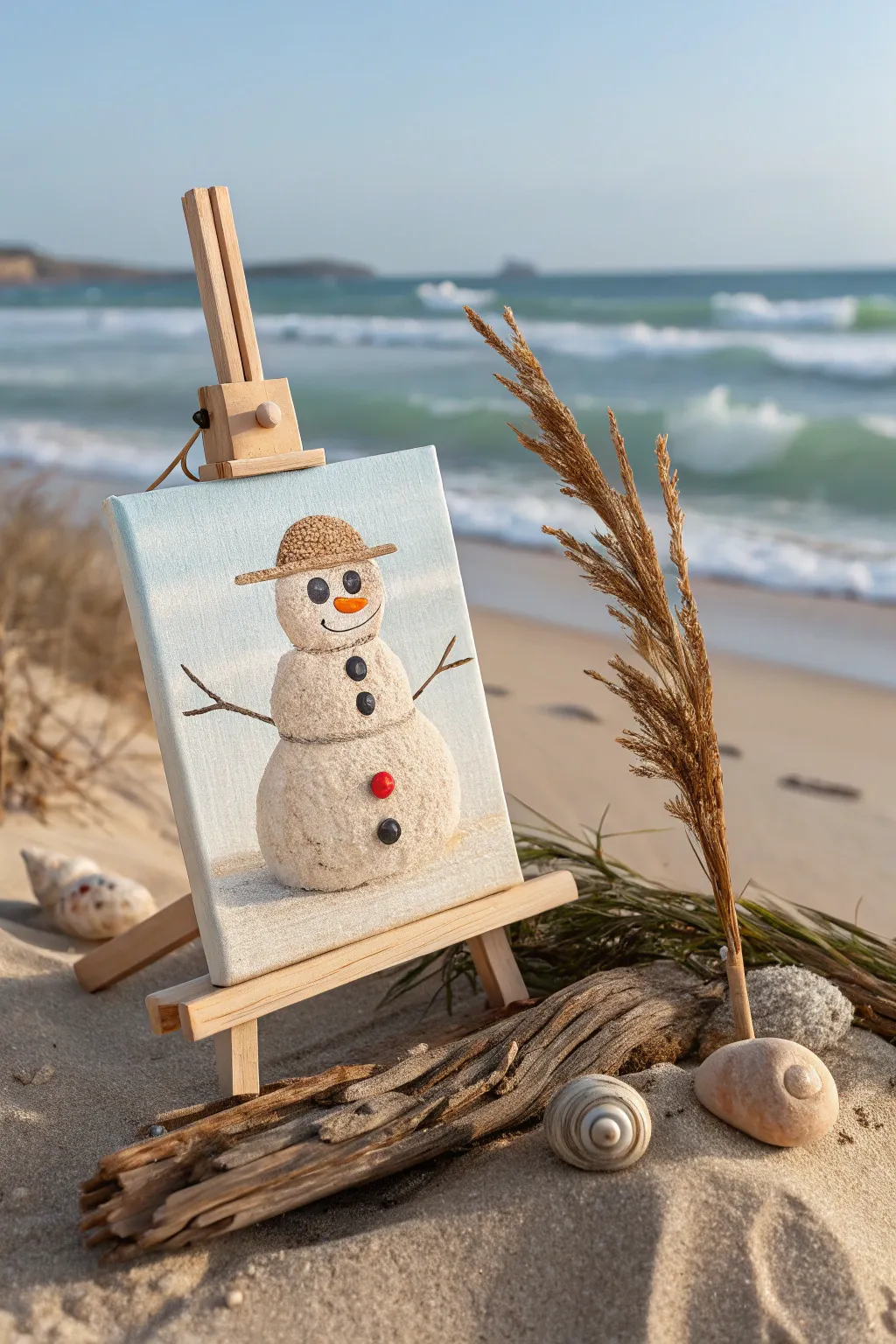 Bring a sunny twist to your holiday decor with a whimsical beach snowman canvas!