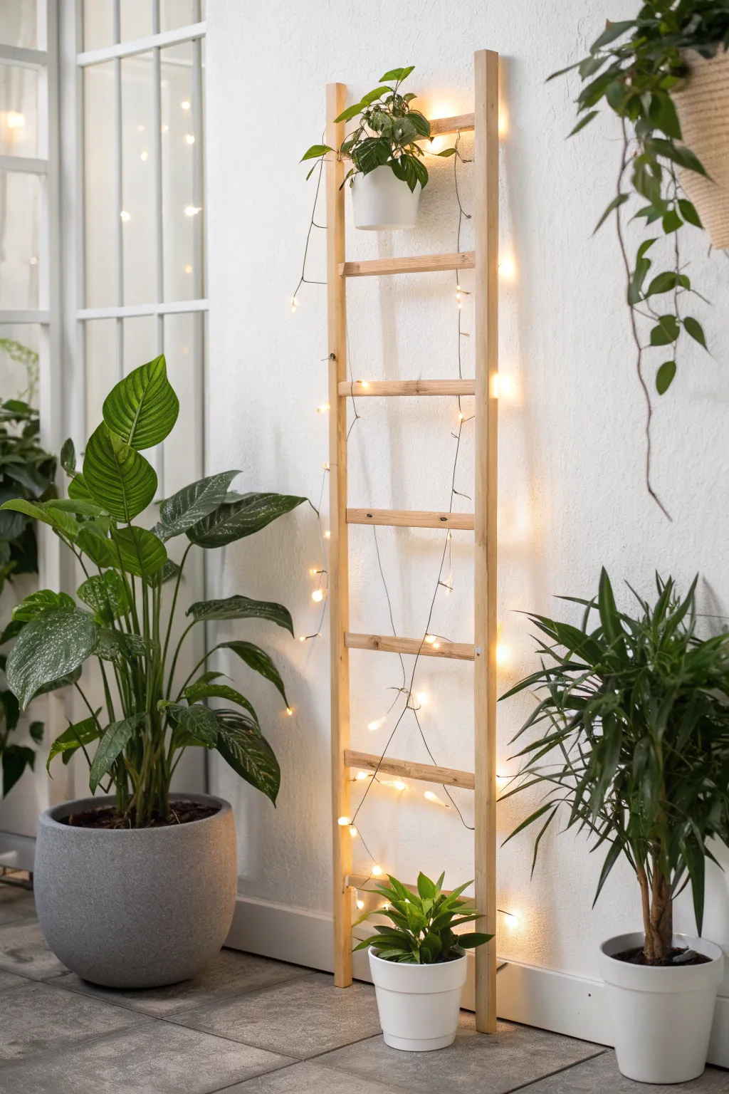 Transform your potted plants into a glowing masterpiece with a DIY string light trellis!