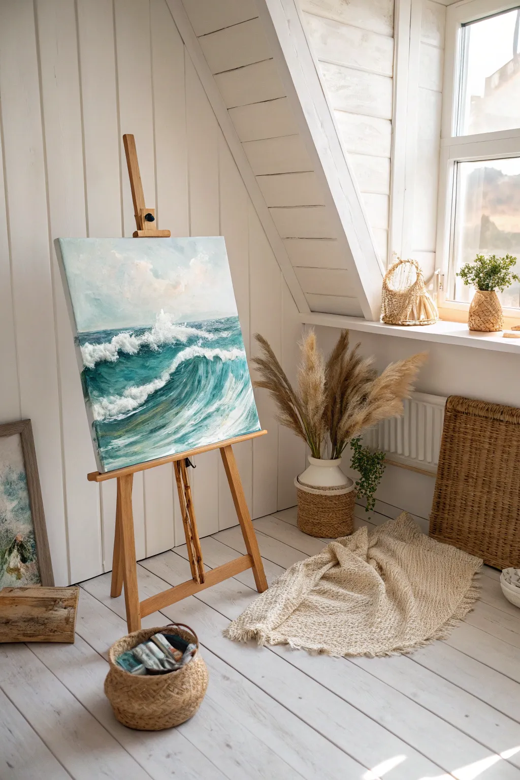 Dive into serenity with abstract waves; let the blues and whites flow through your creative space.