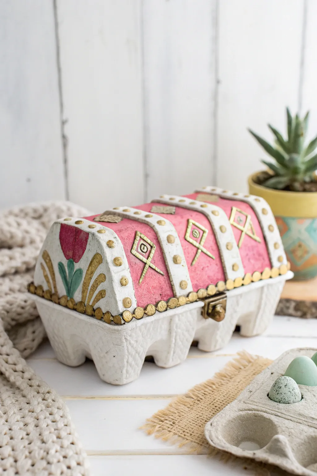 Transform an egg carton into a charming treasure chest for your trinkets or next pirate party!