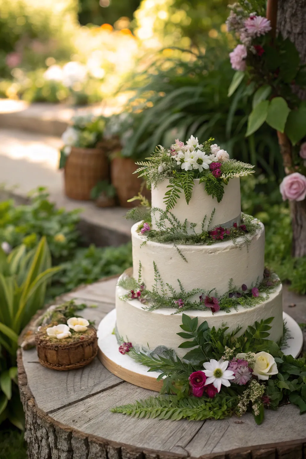 A nature-inspired cake with edible greenery and floral wreaths.