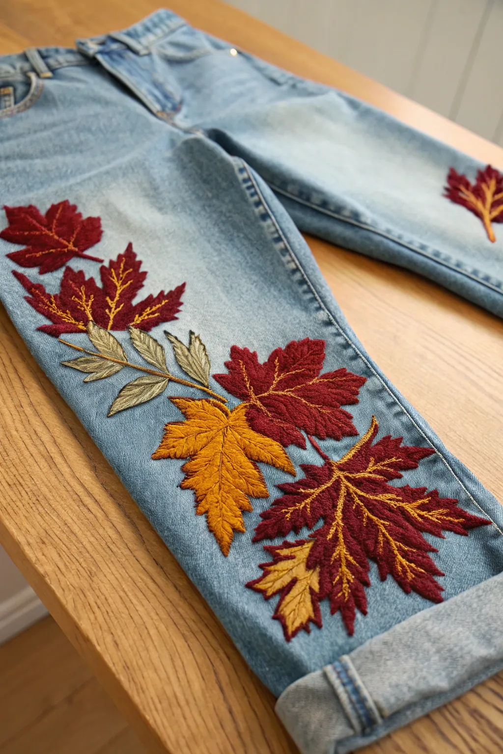 Embrace the beauty of fall with artisanal embroidered jeans that capture the essence of the season.