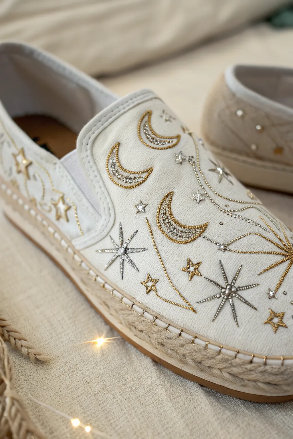 Step into a dream with these celestial embroidered shoes, where stars and moons twinkle with every step.