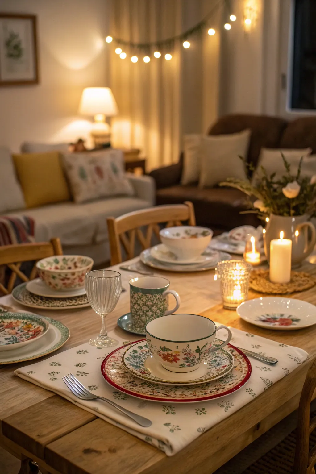 Mismatched china adds character to dining setups.