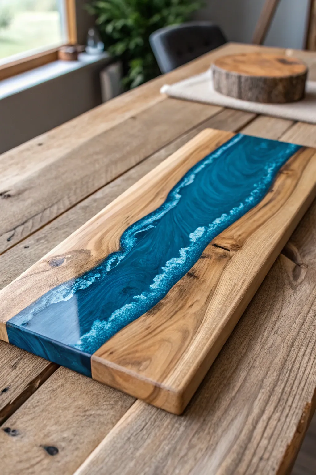 Elevate your serving game with this stunning epoxy river board—where art meets function.