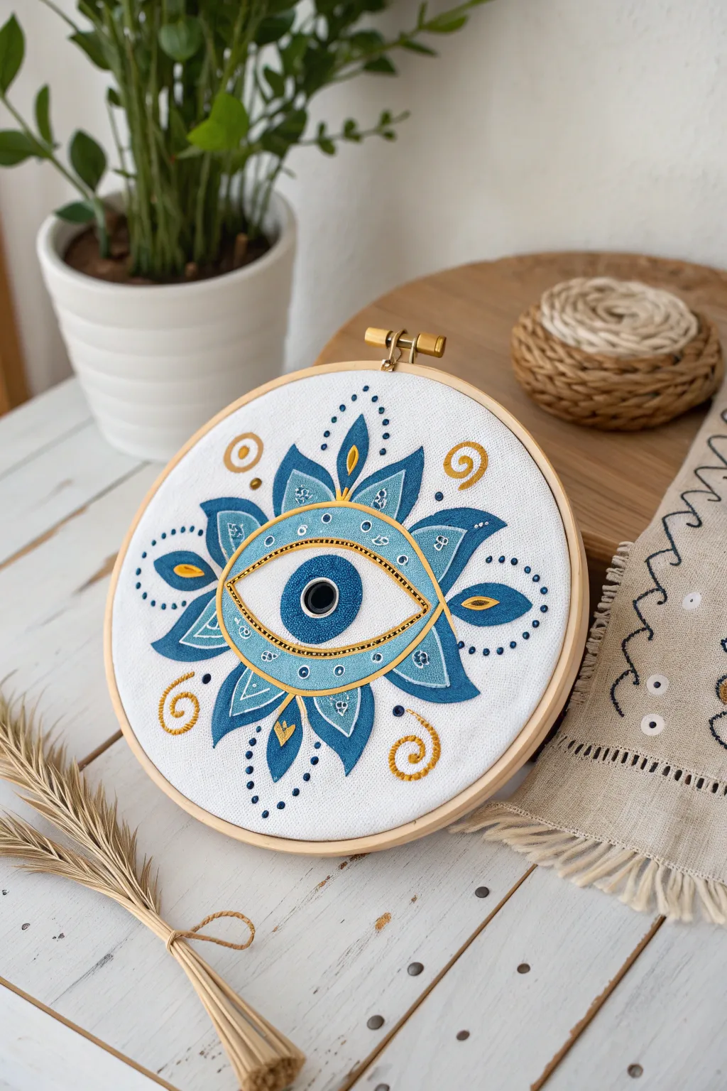 Embrace the charm of folk art with this vibrant evil eye painting, a perfect blend of bold colors and minimalist elegance.
