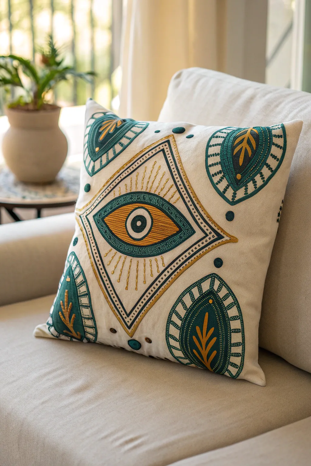 Add a touch of artistry to your living space with this eye-patterned throw pillow—where Scandinavian minimalism meets Boho charm.