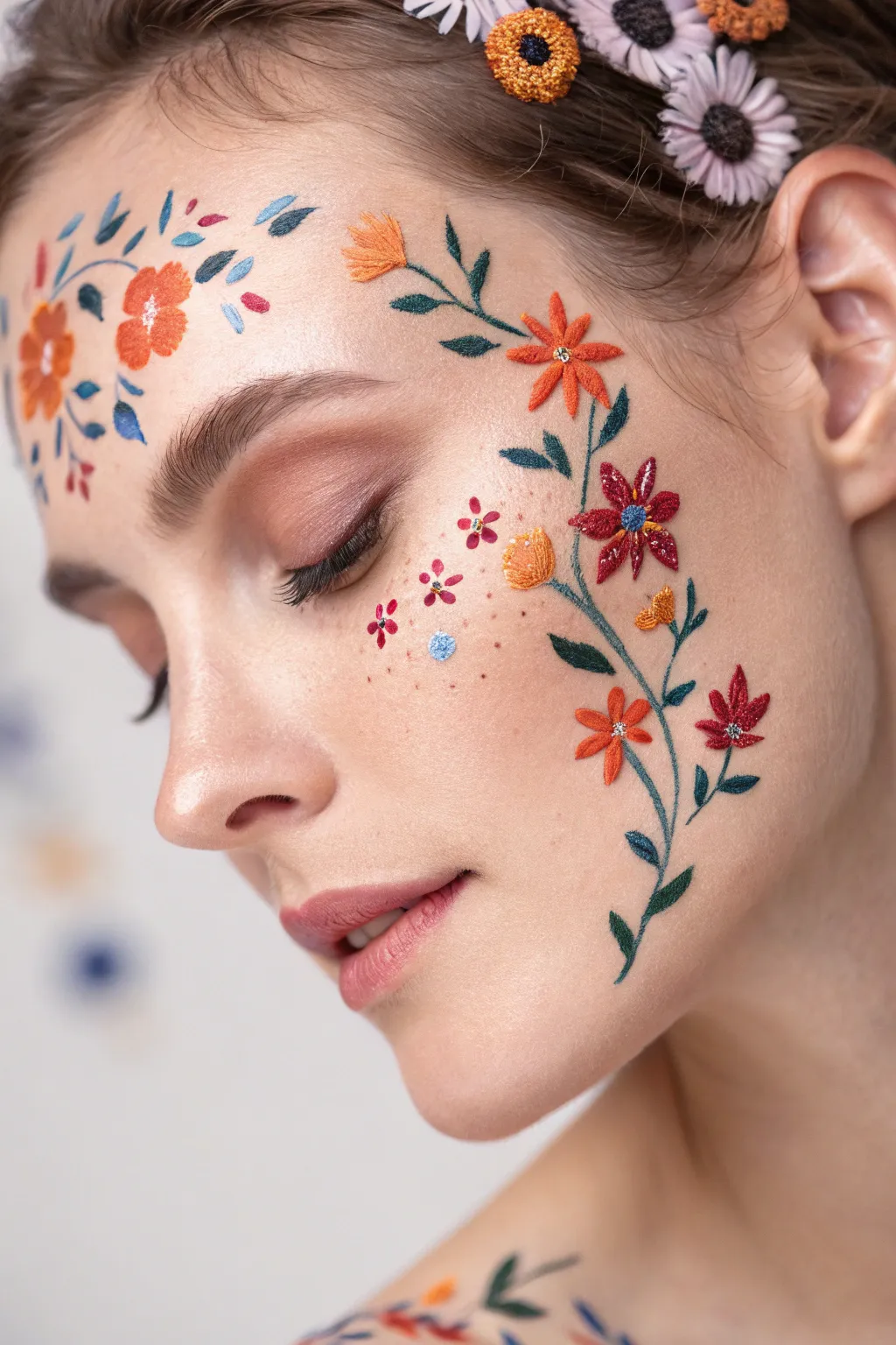 Embrace the beauty of nature with a breathtaking floral face paint – a bold and artistic expression perfect for standing out at any festival.