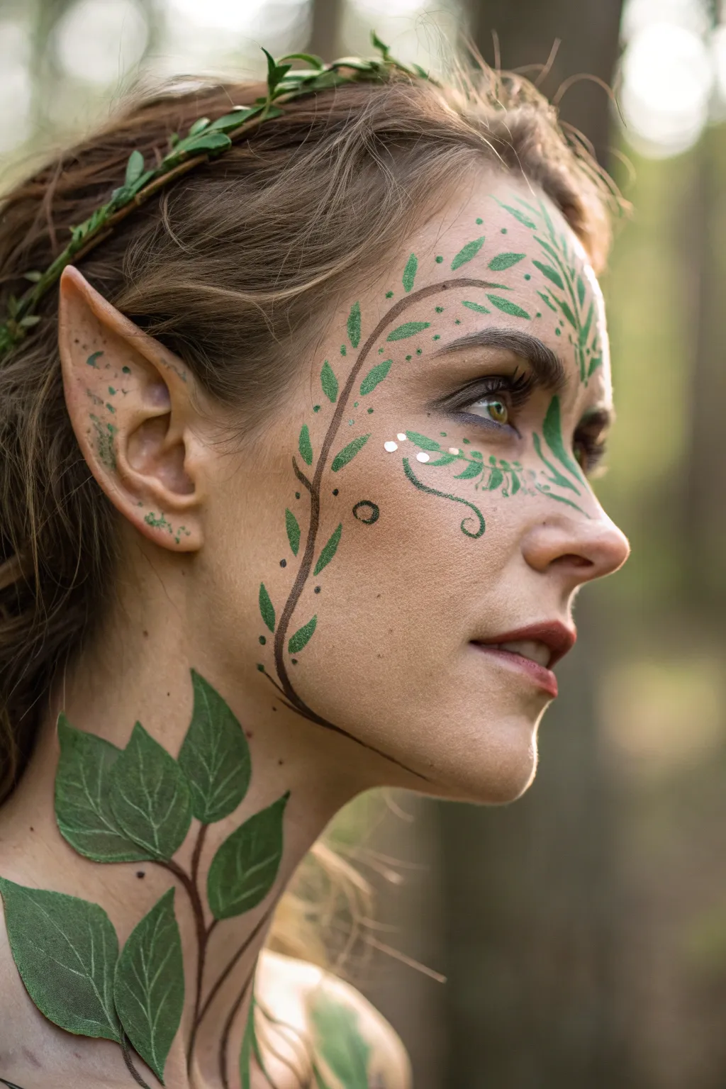 Embrace your inner forest spirit with this enchanting elf face paint design.