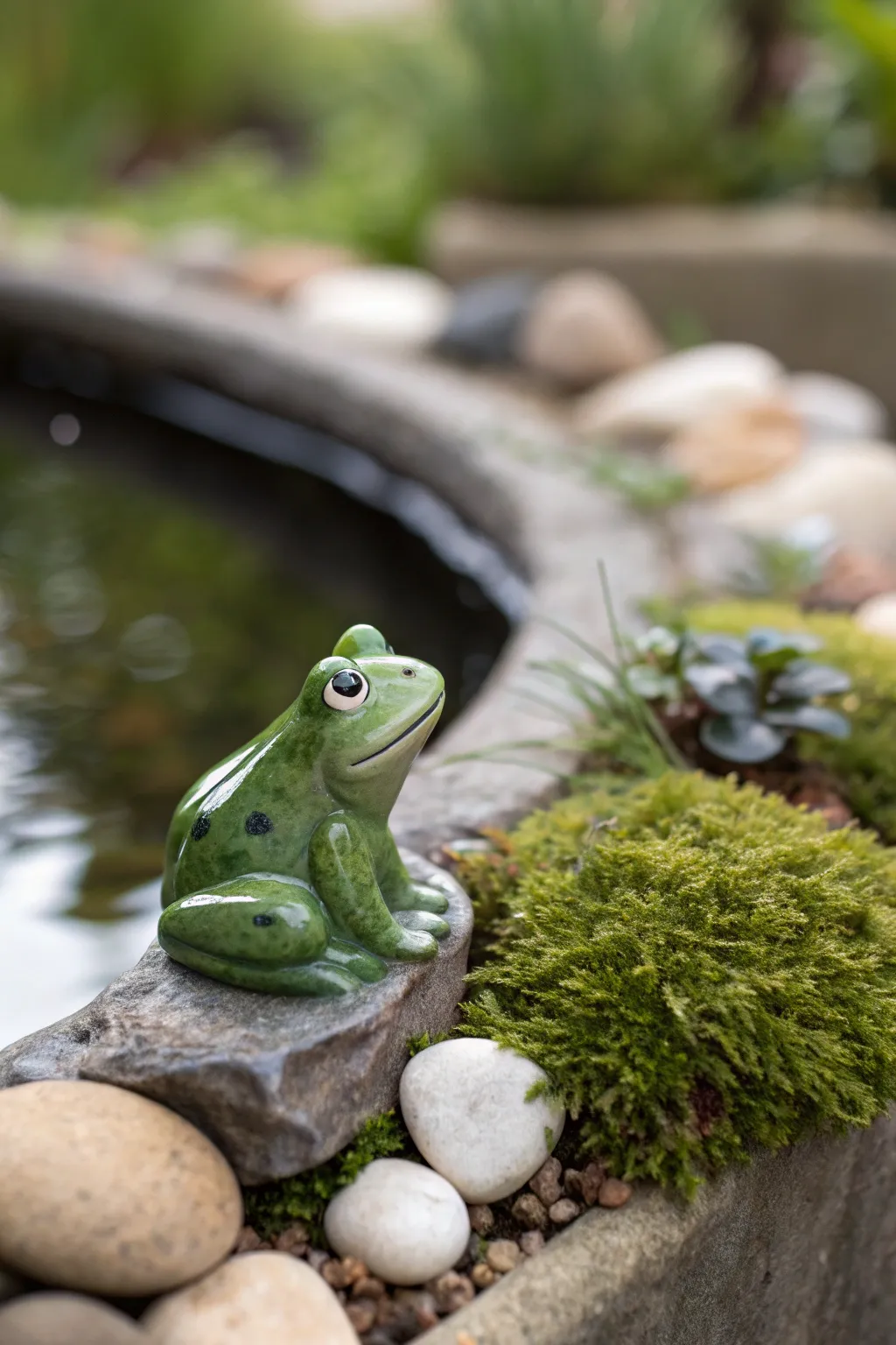 Embrace whimsy in your garden with a charming tiny frog companion by the pond's edge.
