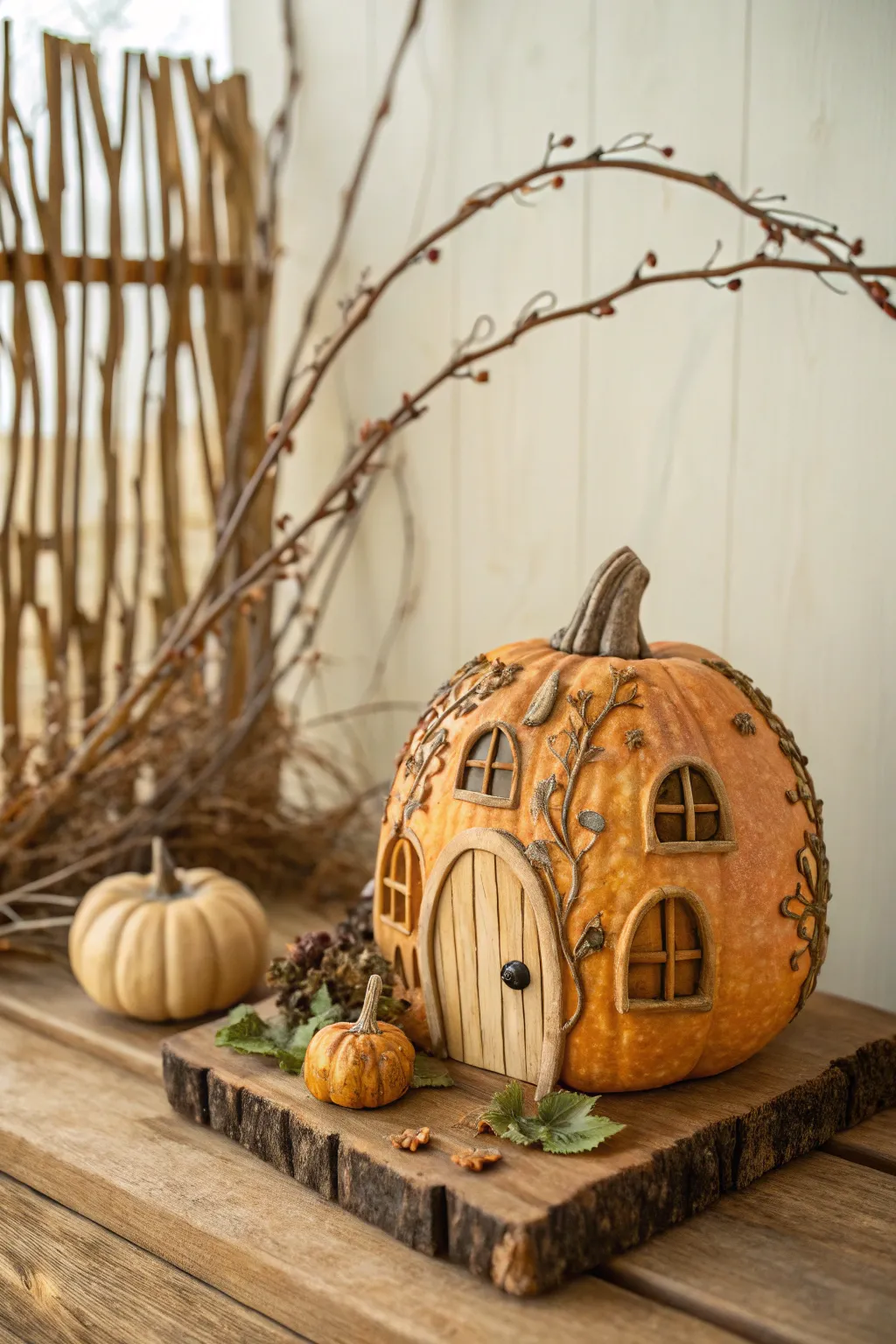 Enchant your autumn decor with a whimsical twig fence and pumpkin fairy house. 🌿✨