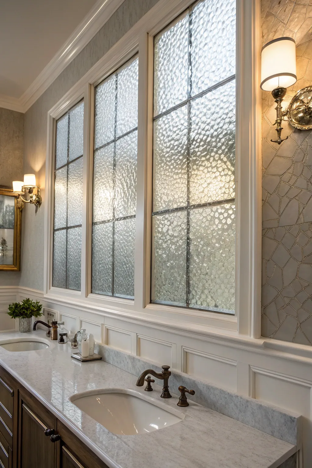 Textured glass panels add privacy and style to any bathroom.