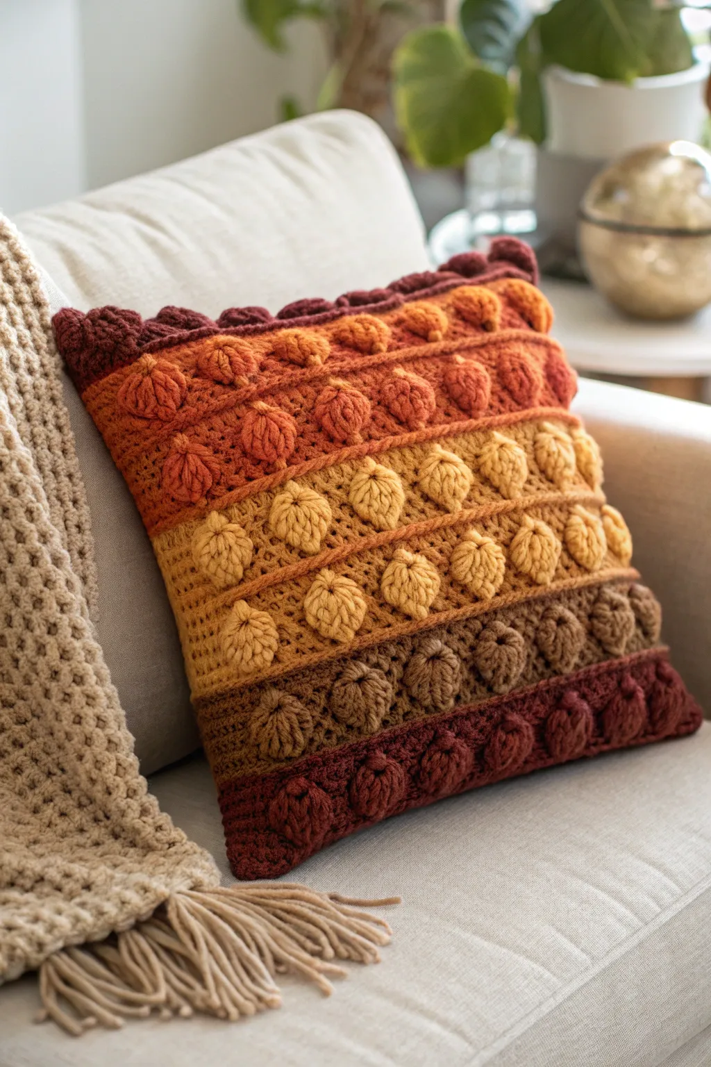 Add warmth and texture to your living space with this exquisite autumn crochet pillow, perfect for a cozy Scandinavian-inspired home.