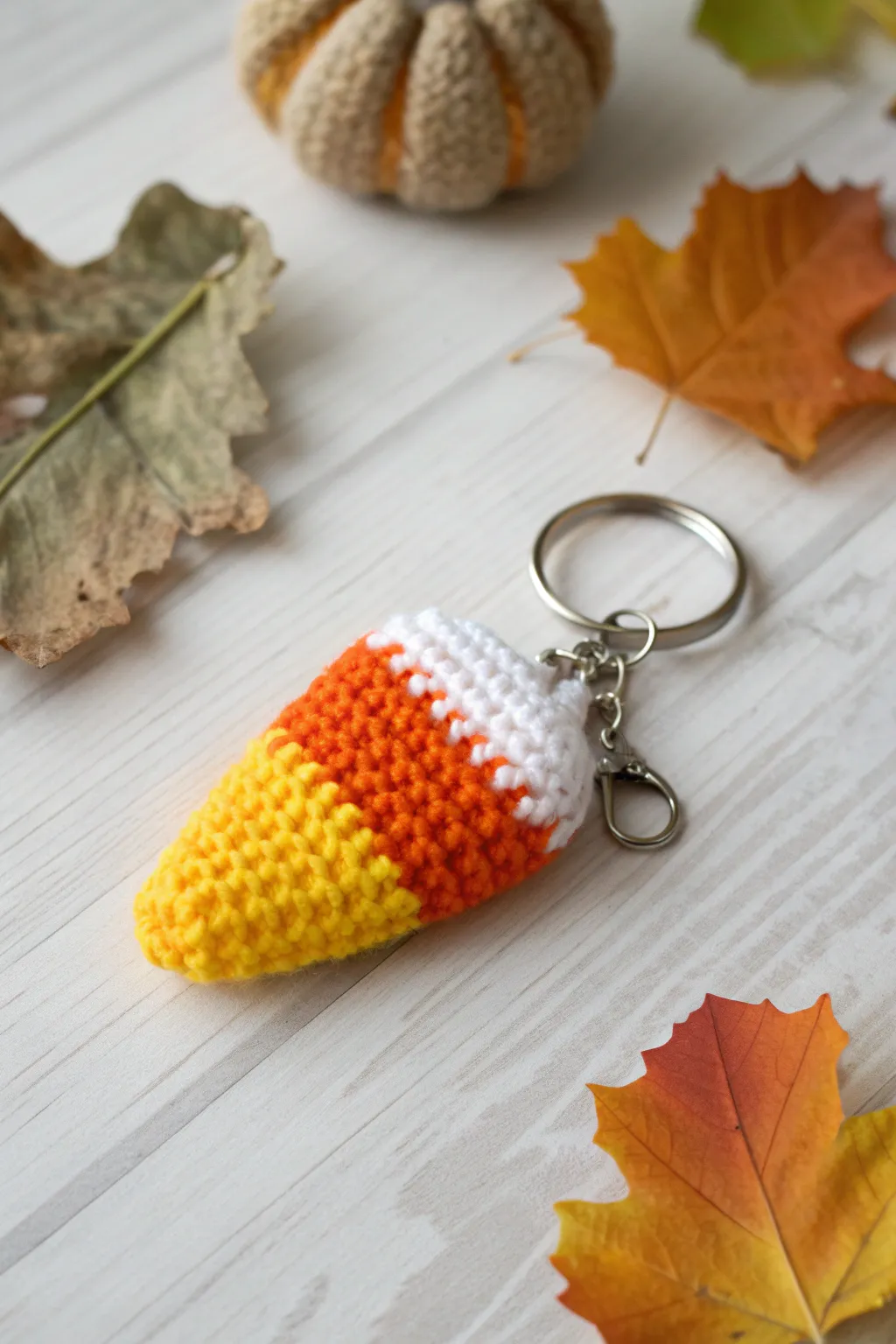 Add a playful touch of autumn to your keys with this charming candy corn crochet keychain!