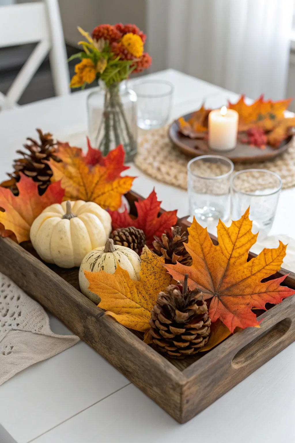 Embrace the beauty of fall with a charming leafy centerpiece that brings warmth and elegance to your table.