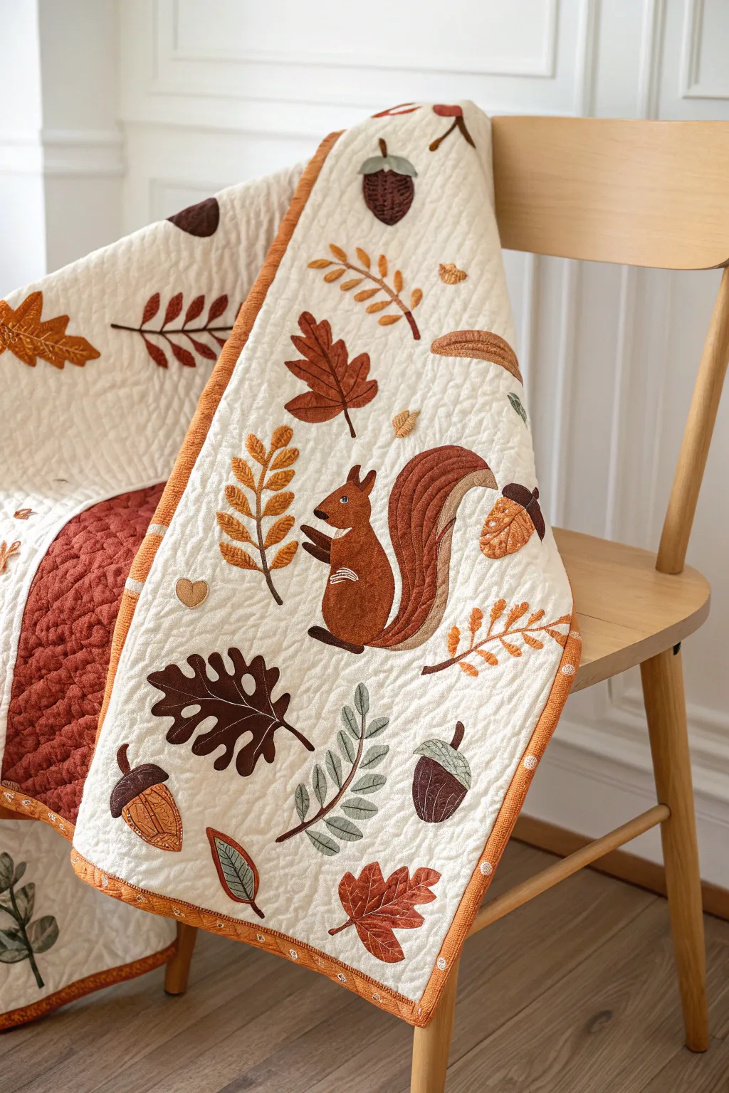 Embrace autumn's playful charm with this handcrafted quilt adorned with whimsical squirrel and acorn motifs.