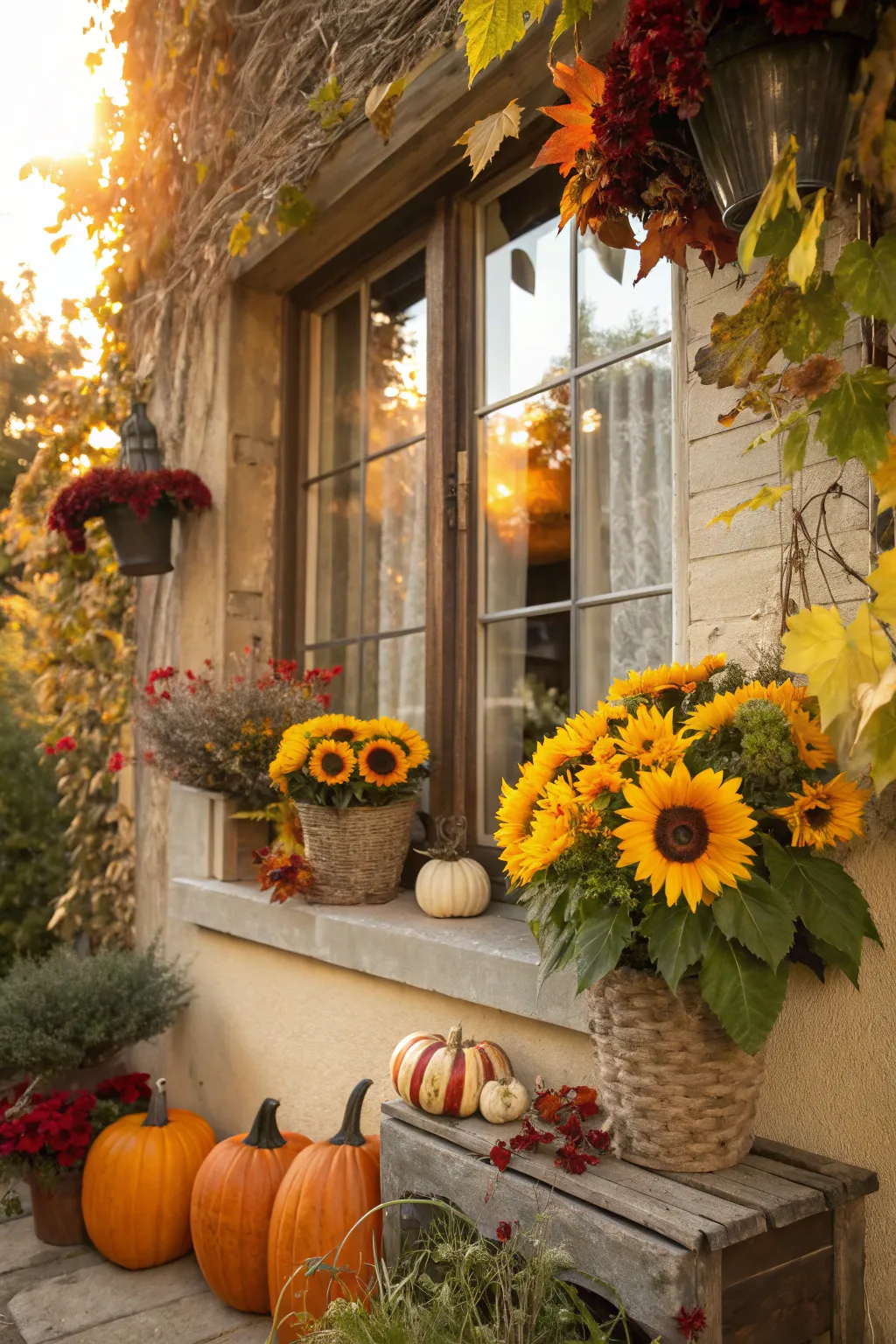 Sunflower accents bring warmth to fall window decor.