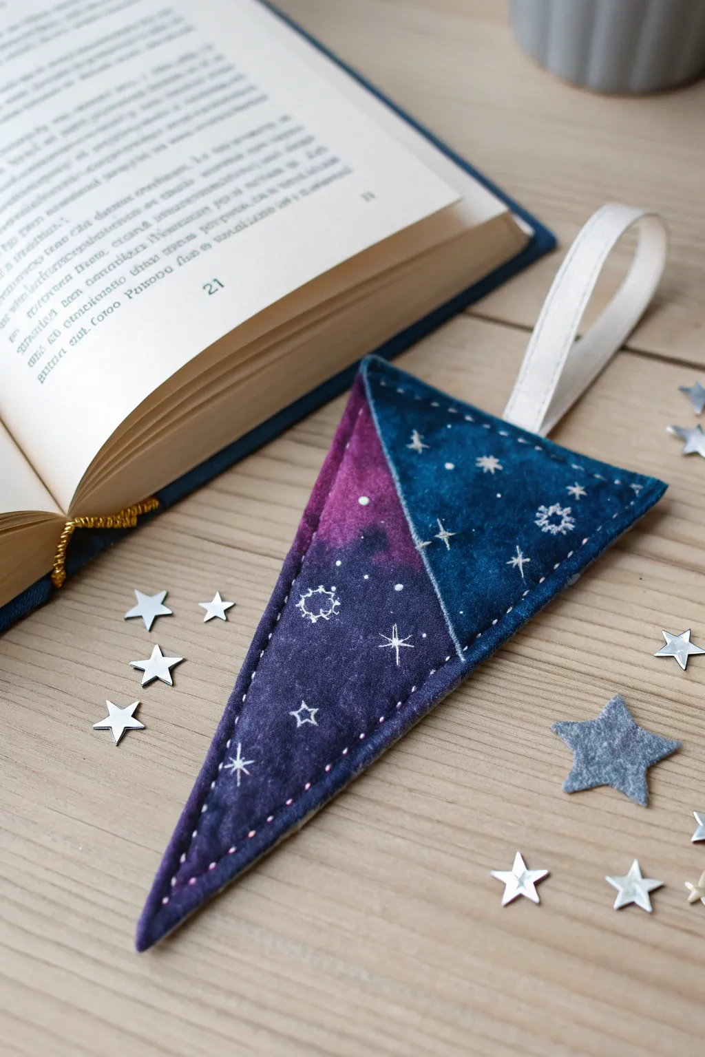 Embark on a celestial adventure every time you open your book with this mystical galaxy-themed felt bookmark.