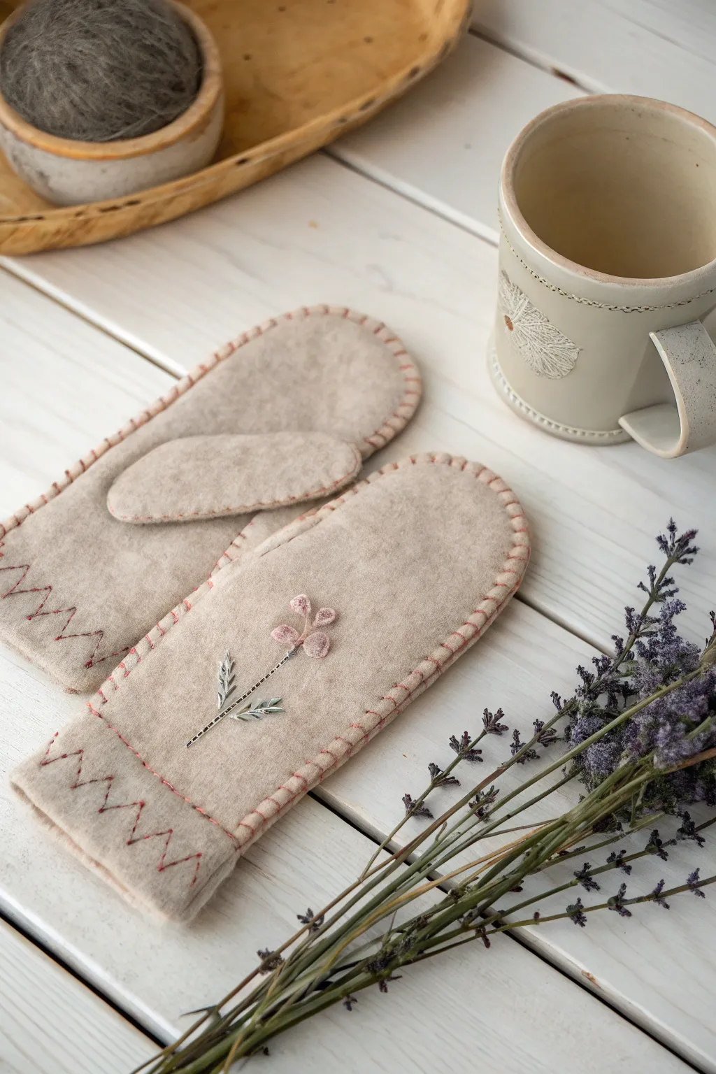 Embrace the art of warmth and simplicity with handcrafted felt mittens. Perfect for cozy winter days.