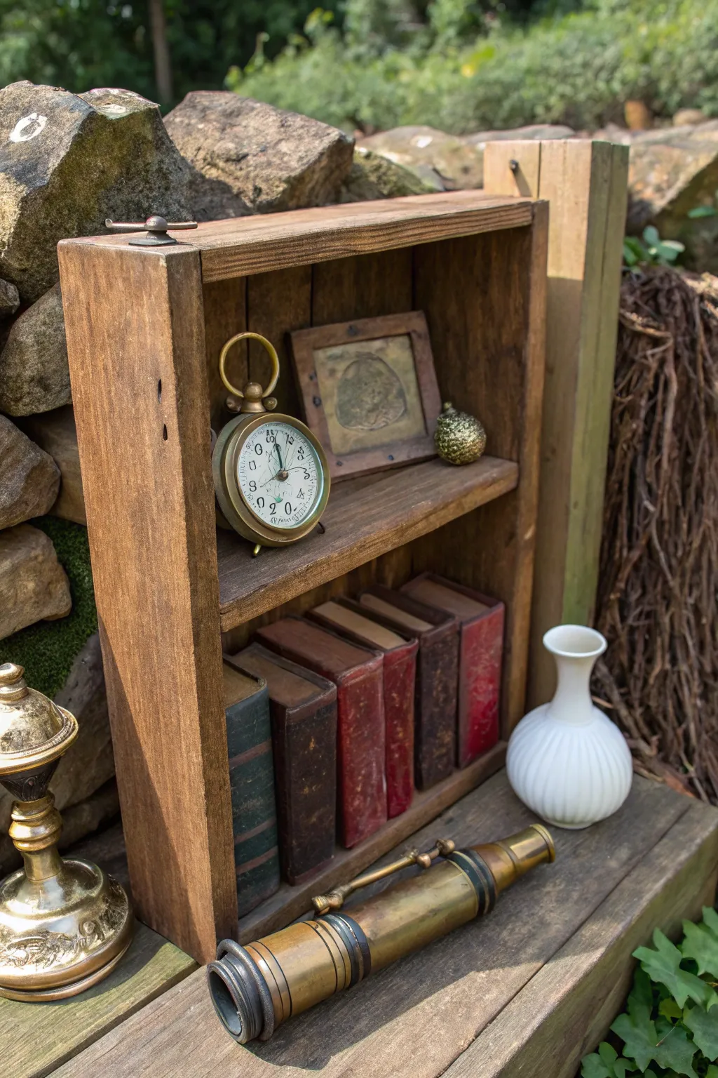 Showcase your vintage treasures on a rustic fence shelf, bringing history and charm to your outdoor space.