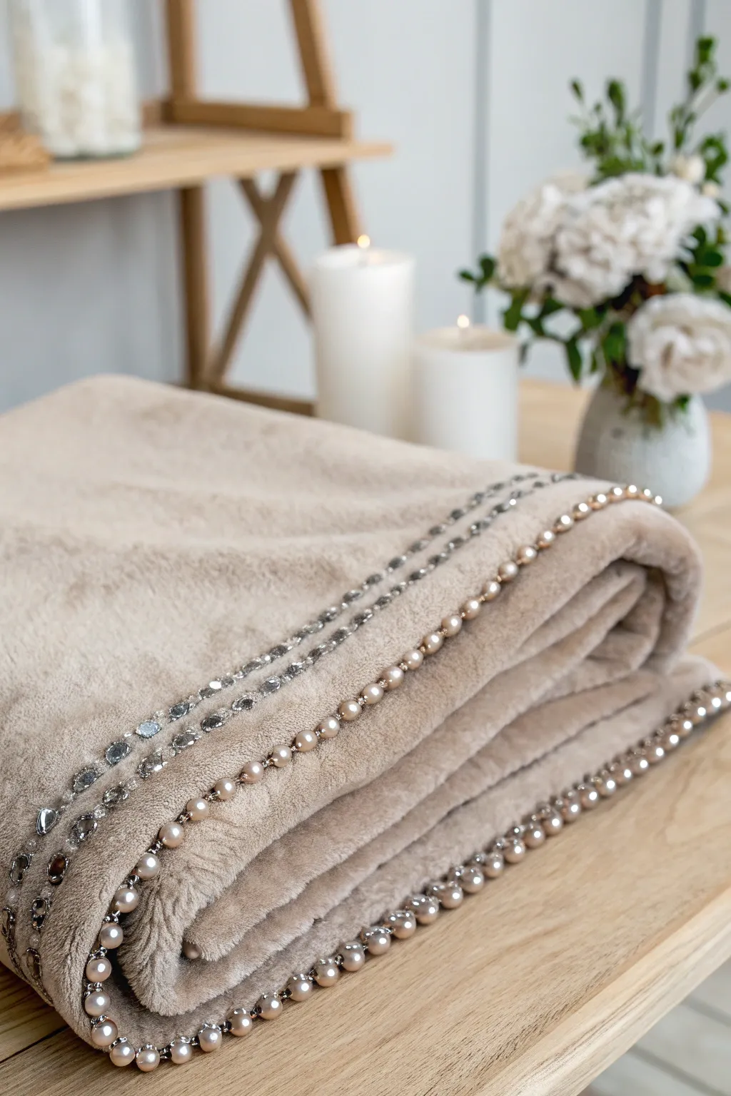 Add a touch of sparkle to your cozy moments with a beaded trim fleece blanket.