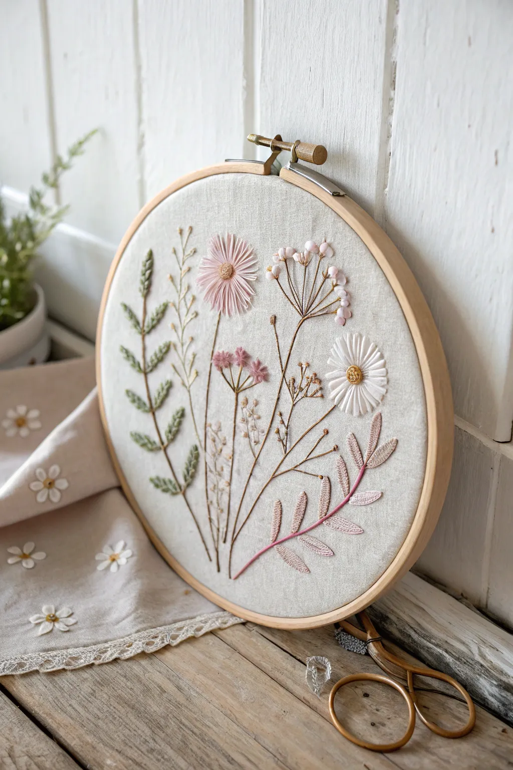 Capture the serene elegance of floral embroidery hoops, where simplicity meets craftsmanship in a minimalist boho style.