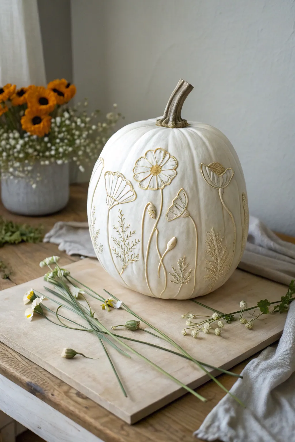 Embrace natural elegance with this beautifully crafted poppy-carved pumpkin, a perfect blend of minimalism and boho style.