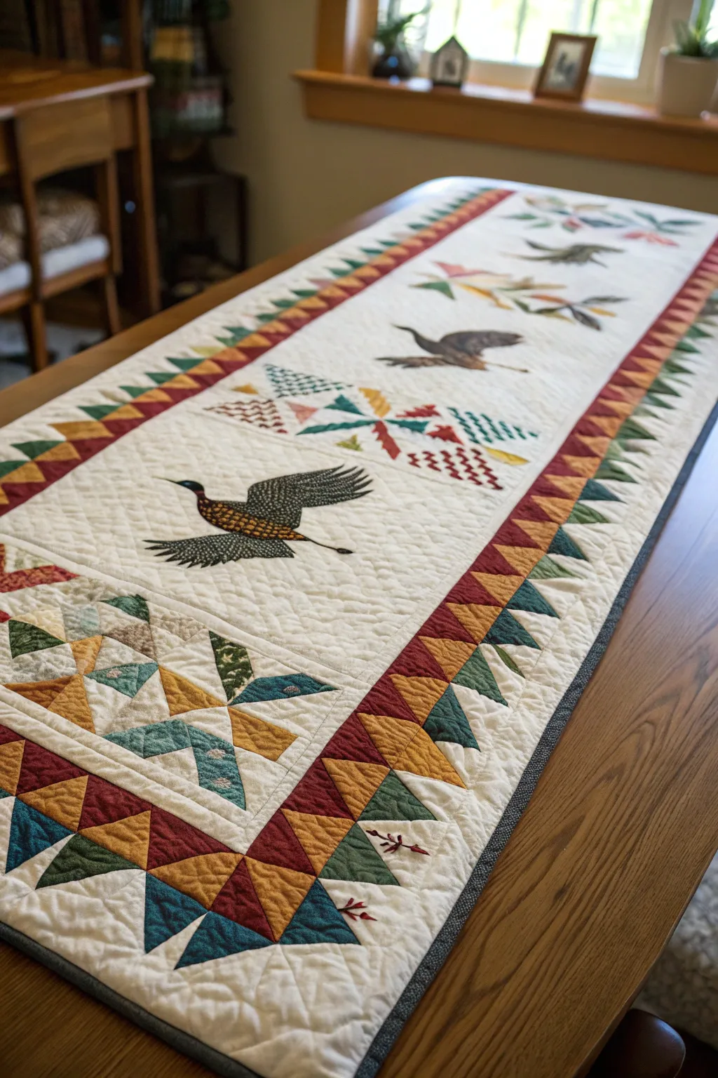 Cultural inspiration in flying geese borders for a storytelling touch.