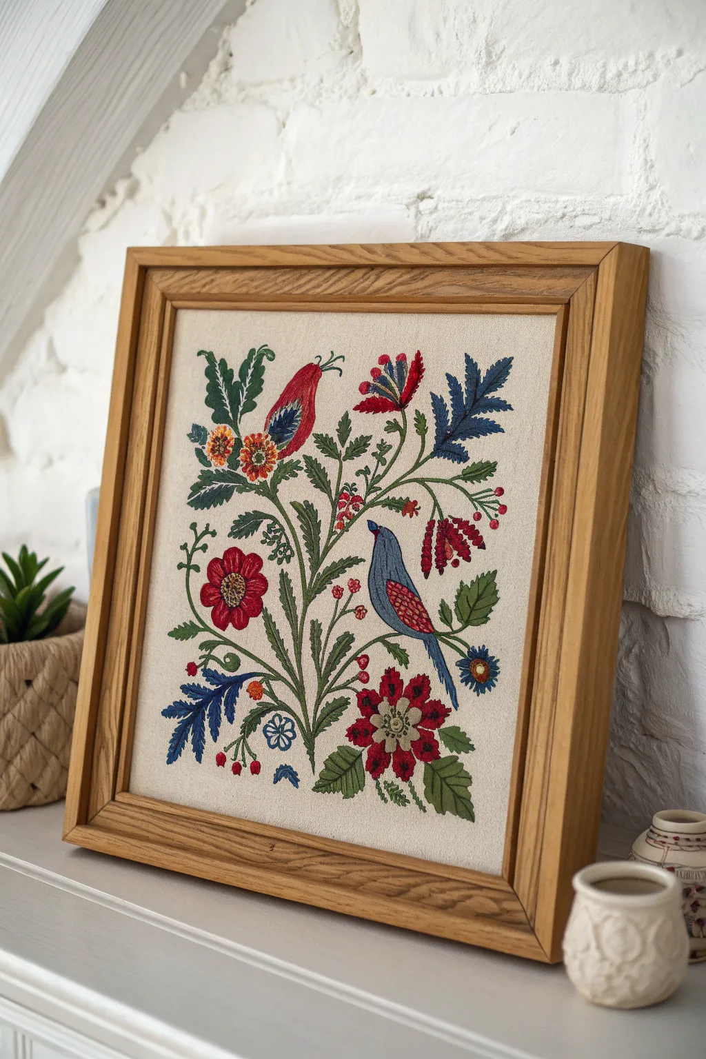 Elevate your space with timeless charm: Floral and bird needlepoint in minimalist elegance.