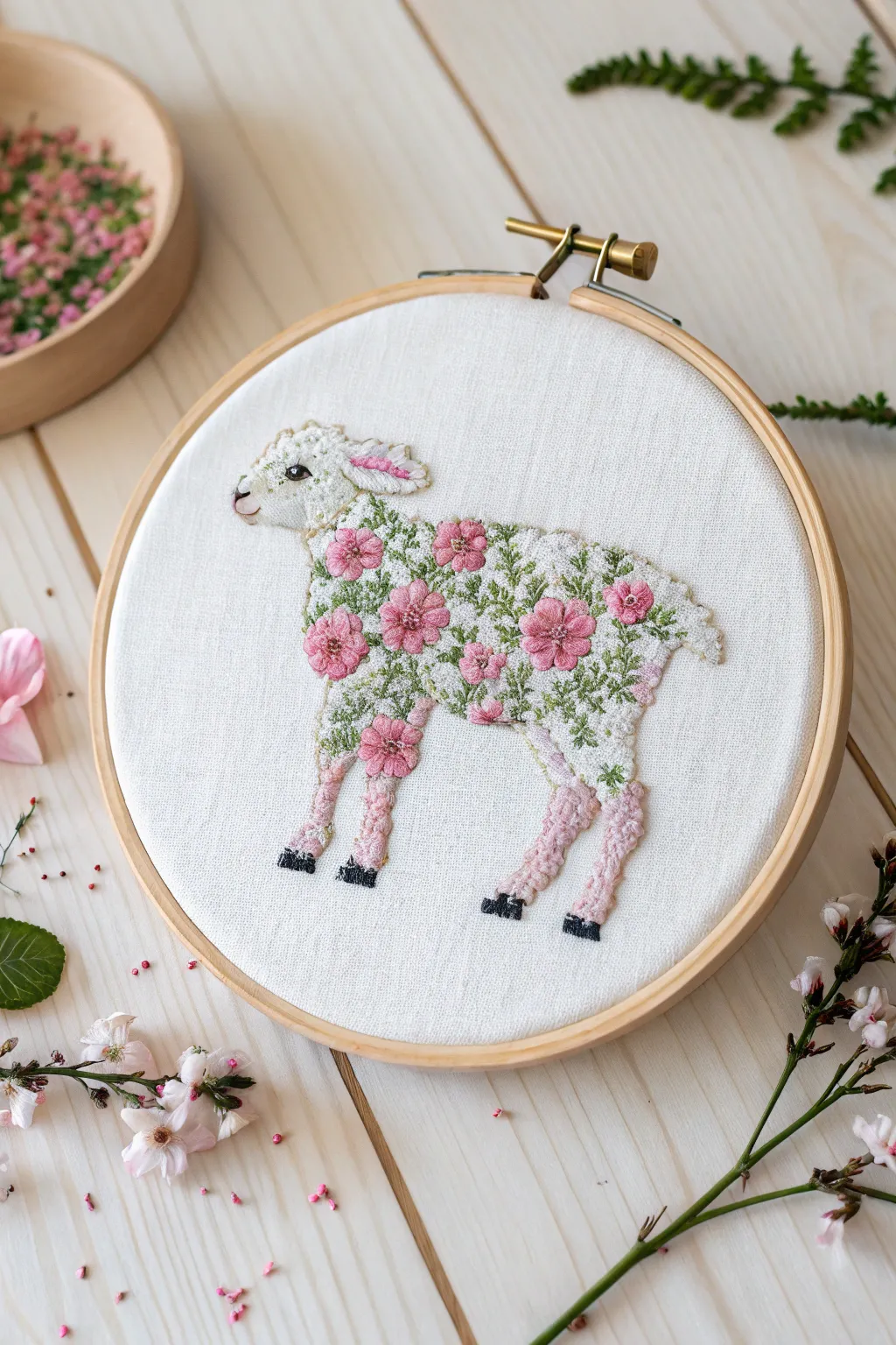 Embrace the gentle beauty of spring with this charming floral lamb cross-stitch design.