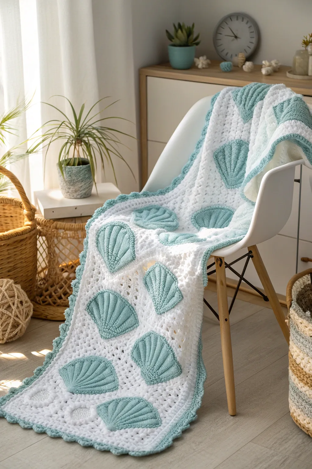 Bring the calming essence of the ocean into your nursery with this stunning seashell-patterned crochet blanket.