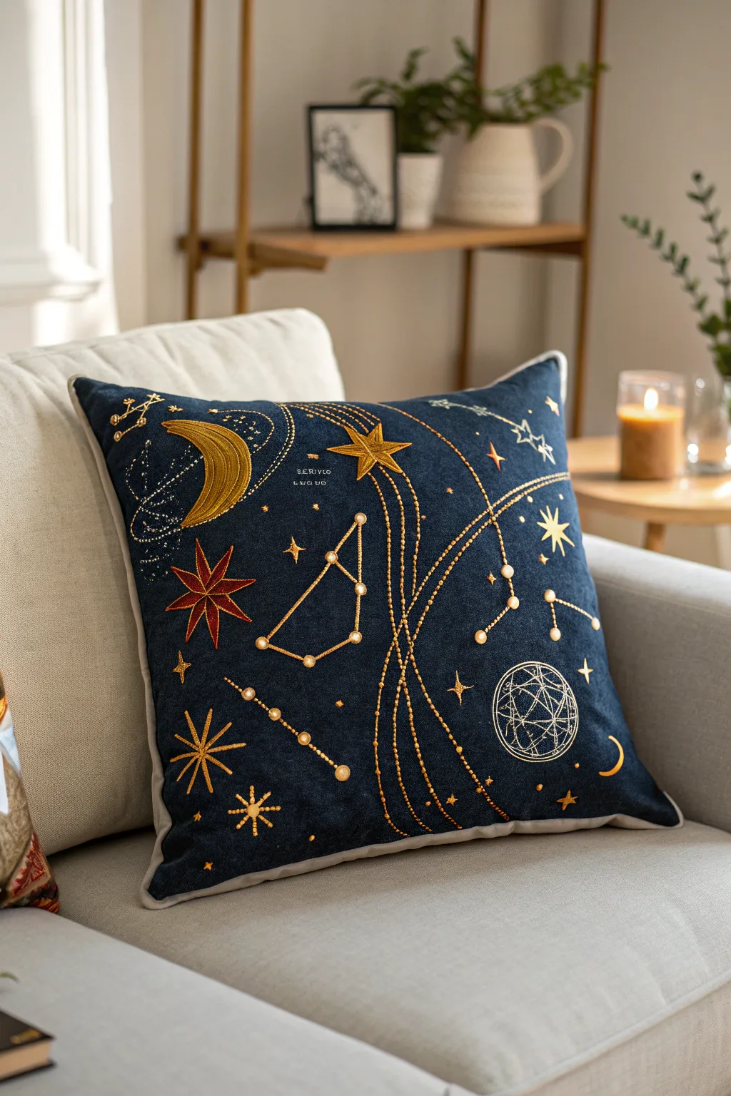 Bring celestial magic into your home with this stunning embroidered cushion, where craftsmanship meets cosmic beauty.