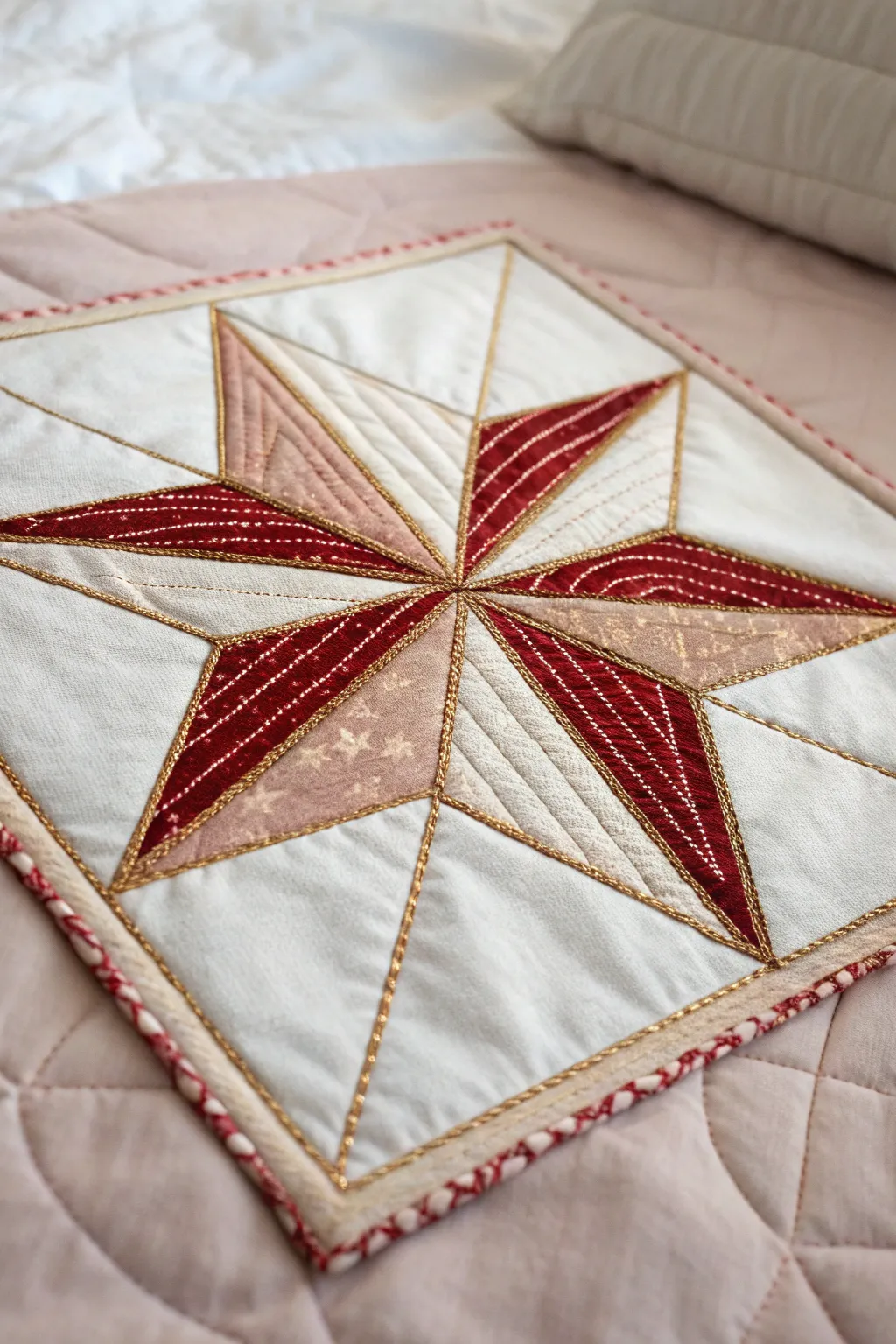Add a sparkle to your star block with shimmering threads, blending minimalist elegance with boho charm.