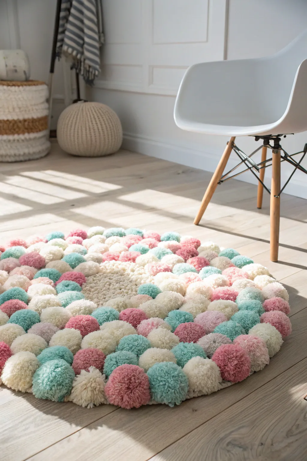 Add a splash of whimsy and warmth to your space with this charming pom-pom rug, where playful meets elegance.