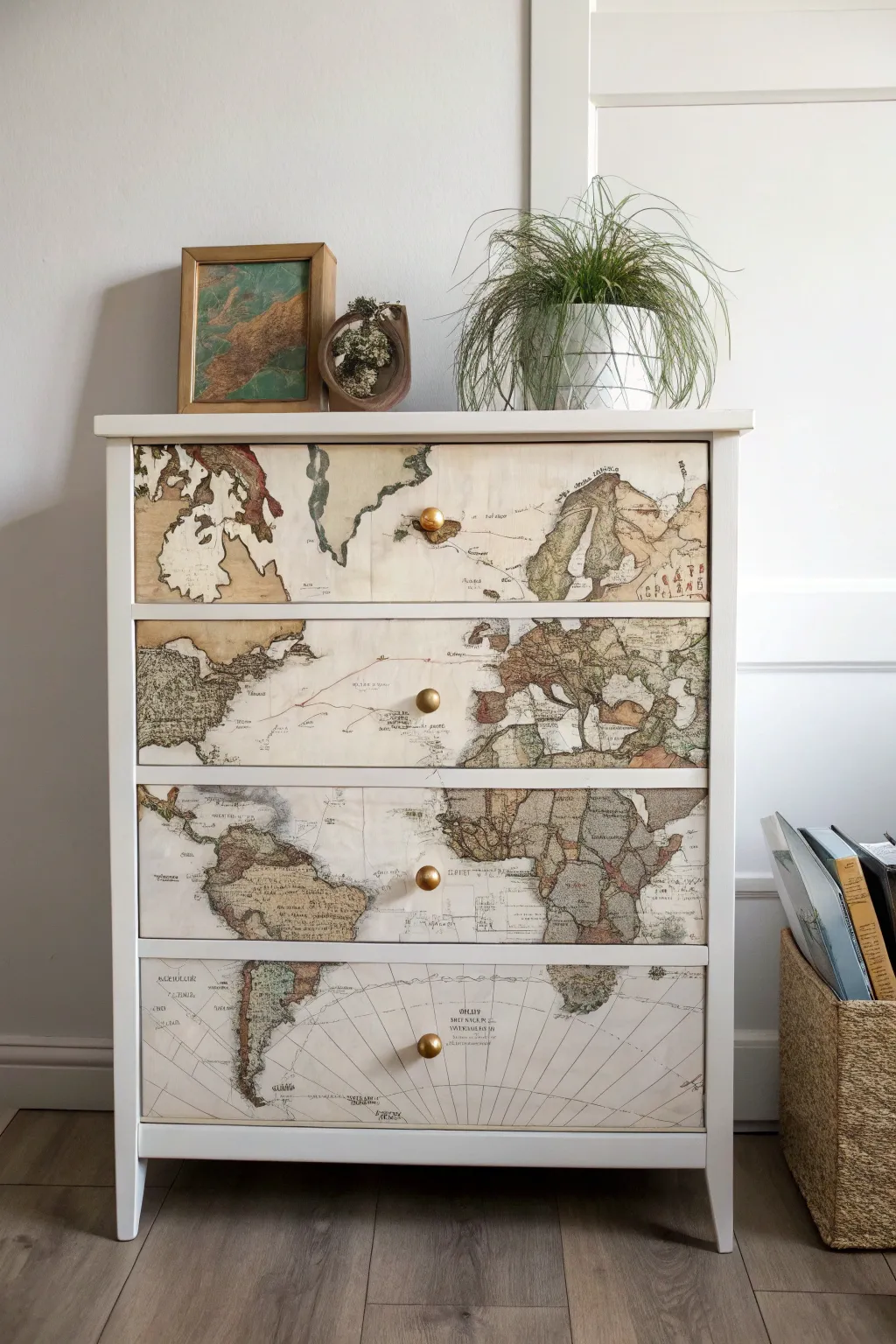 Transform your space with travel-inspired drawer decoupage – where minimalist design meets wanderlust charm.