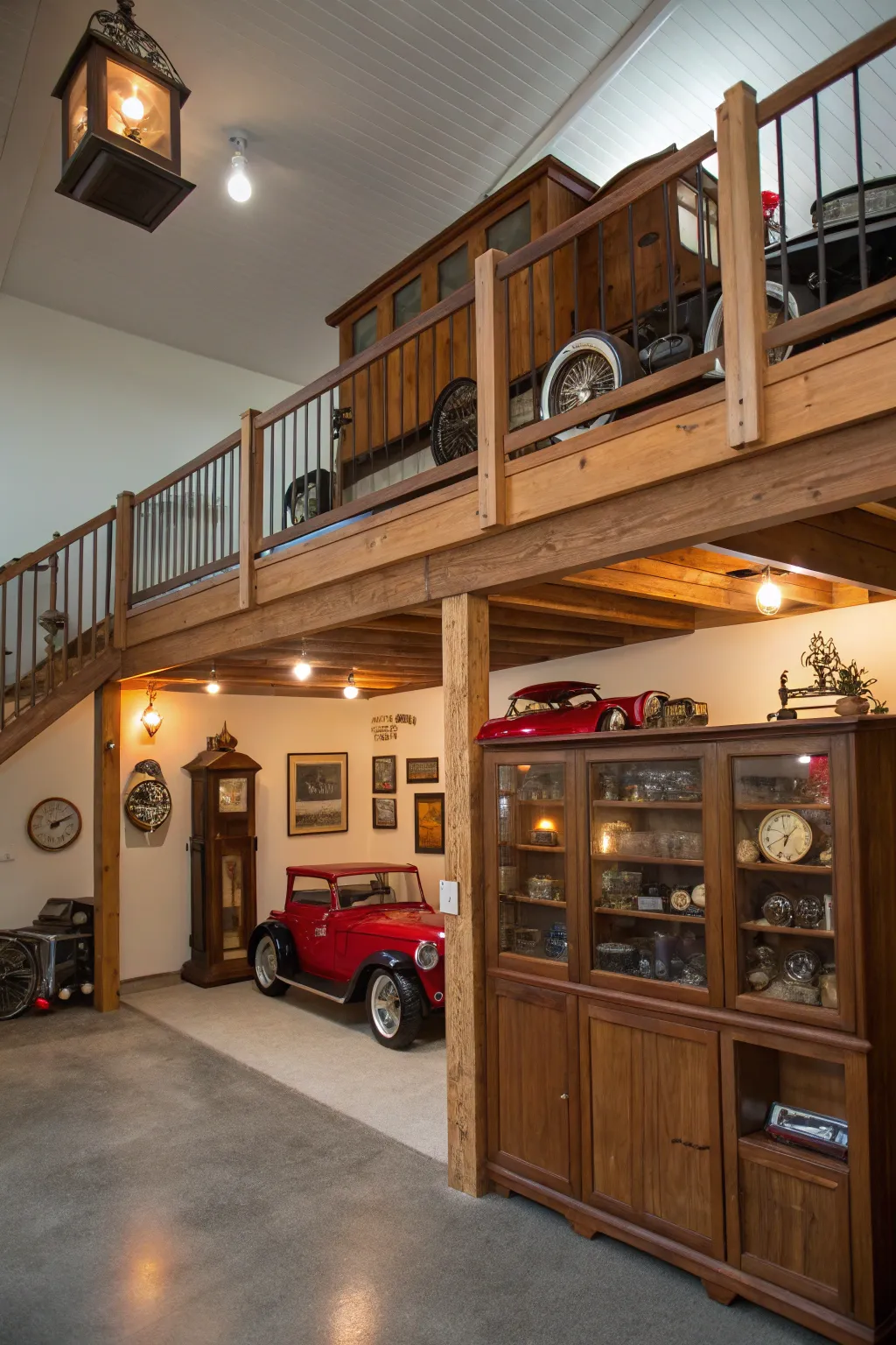 Elevate your space with a curated vintage collection display on a handcrafted garage mezzanine.